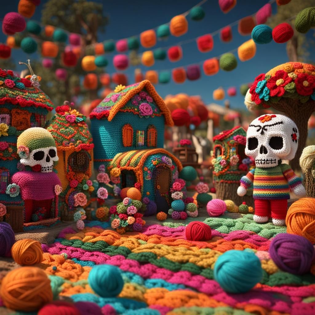 Knitted Yarn Mexican Village with Sugar Skull Animals