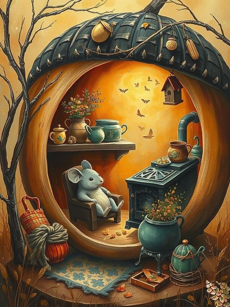 Cozy Mouse Home in Acorn, Naive Folk Art