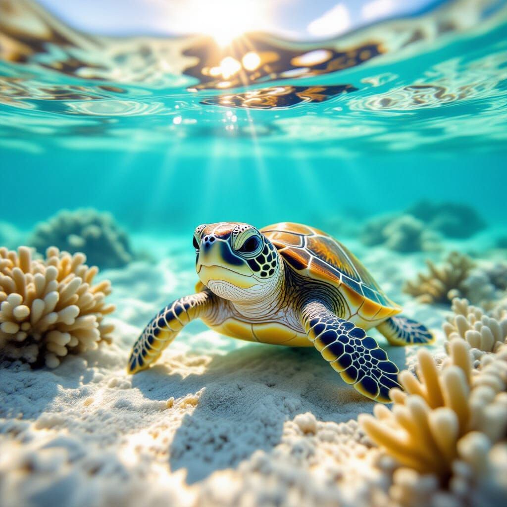 Photorealistic Baby Sea Turtle in Turquoise Water