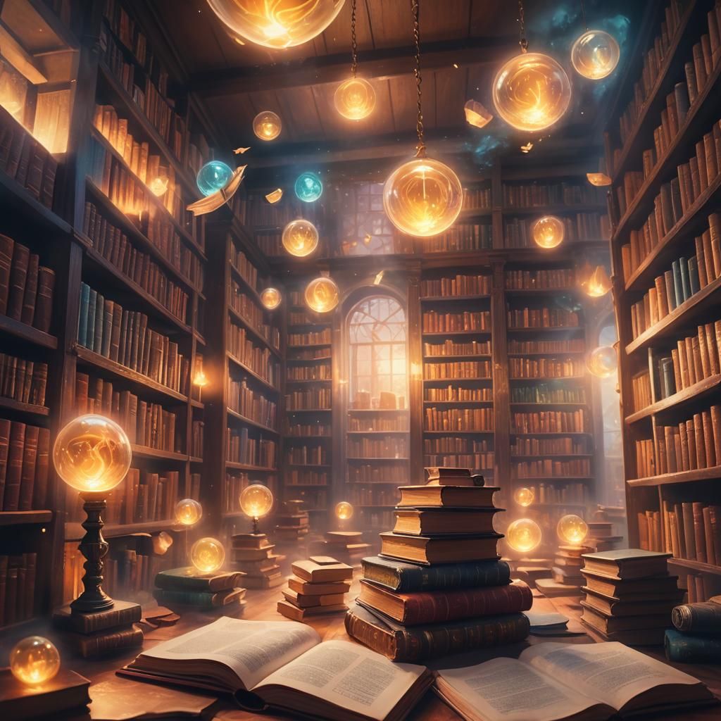 A (magical library:1.4) with (floating books:1.3) and (glowi...
