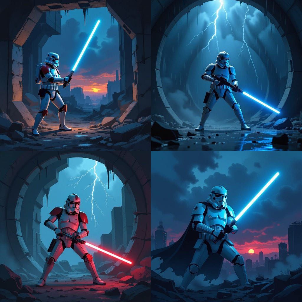 Clone Trooper Fights with Lightsaber in Ominous Twilight