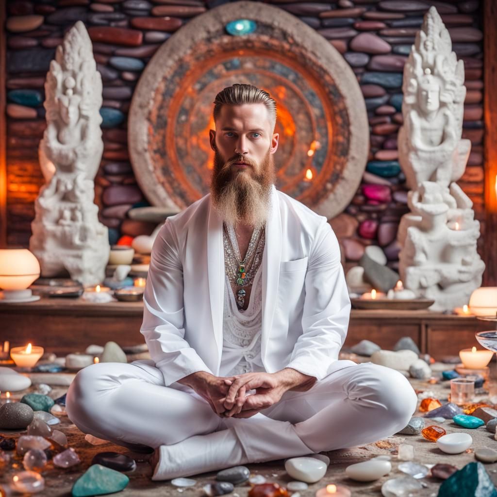 Meditating Man in Buddhist Temple with Crystals