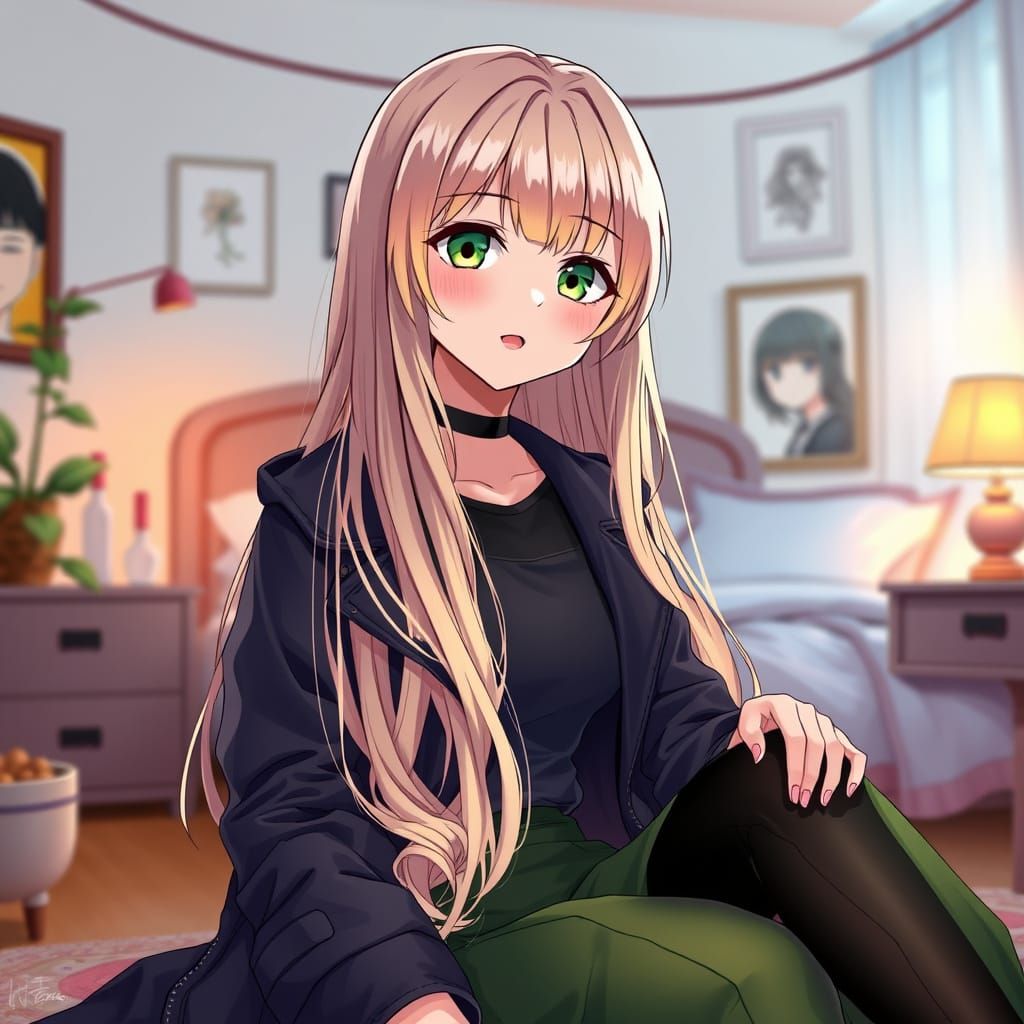 Anime Girl in Cozy Bedroom with Pastel Hues and Japanese Dec...