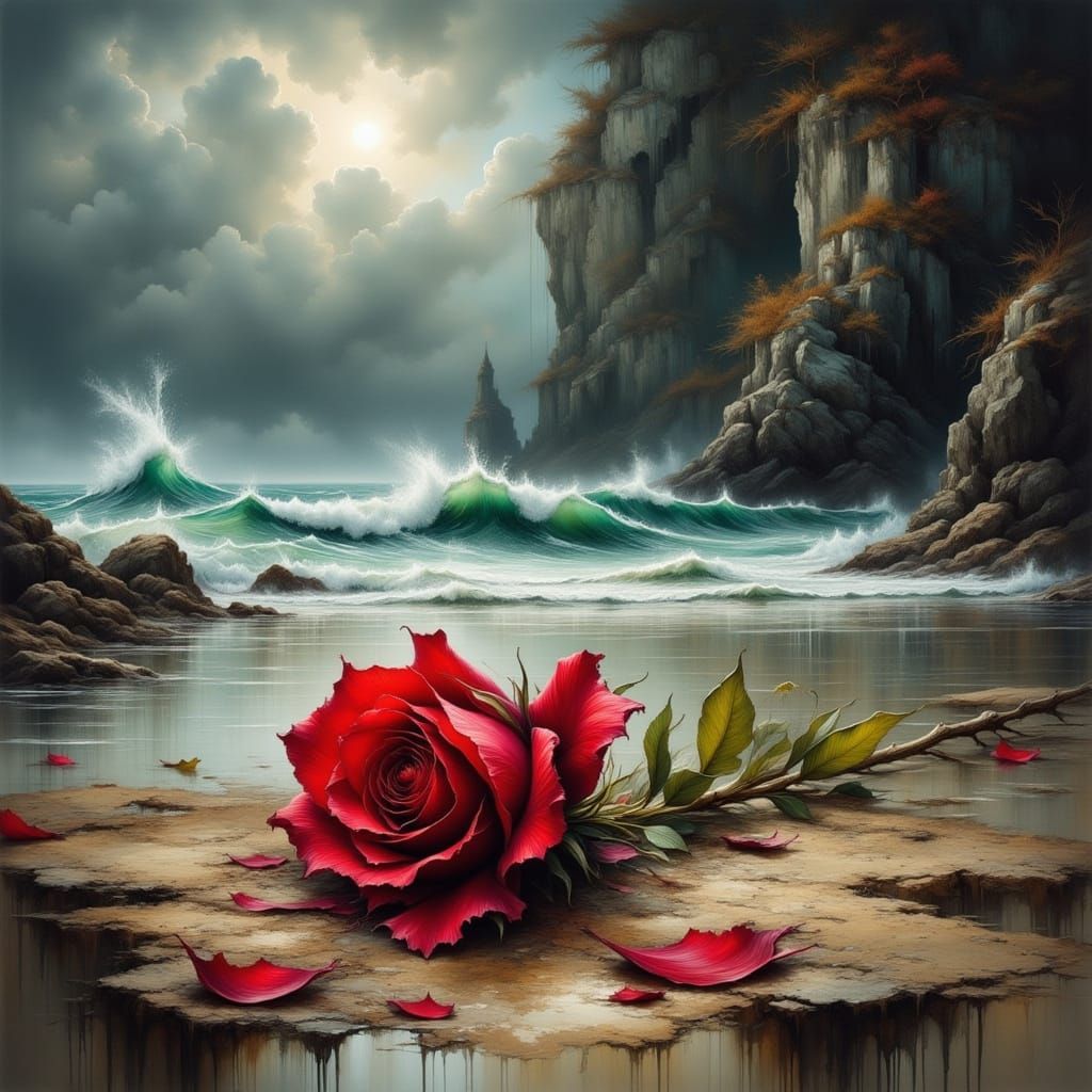 Red Rose on Stormy Beach in Dramatic Style