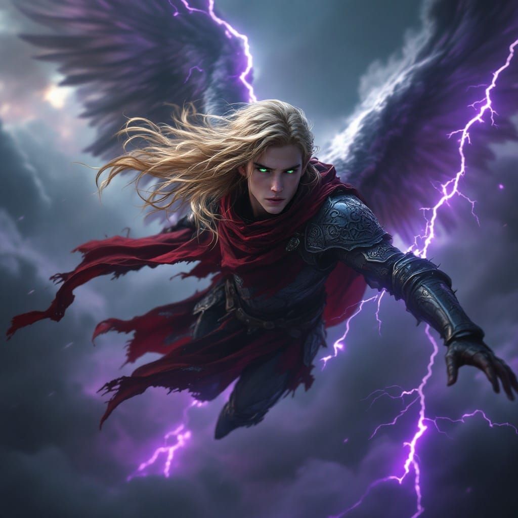 Ethereal Elf Amidst Apocalyptic Storm in Ancient Armor