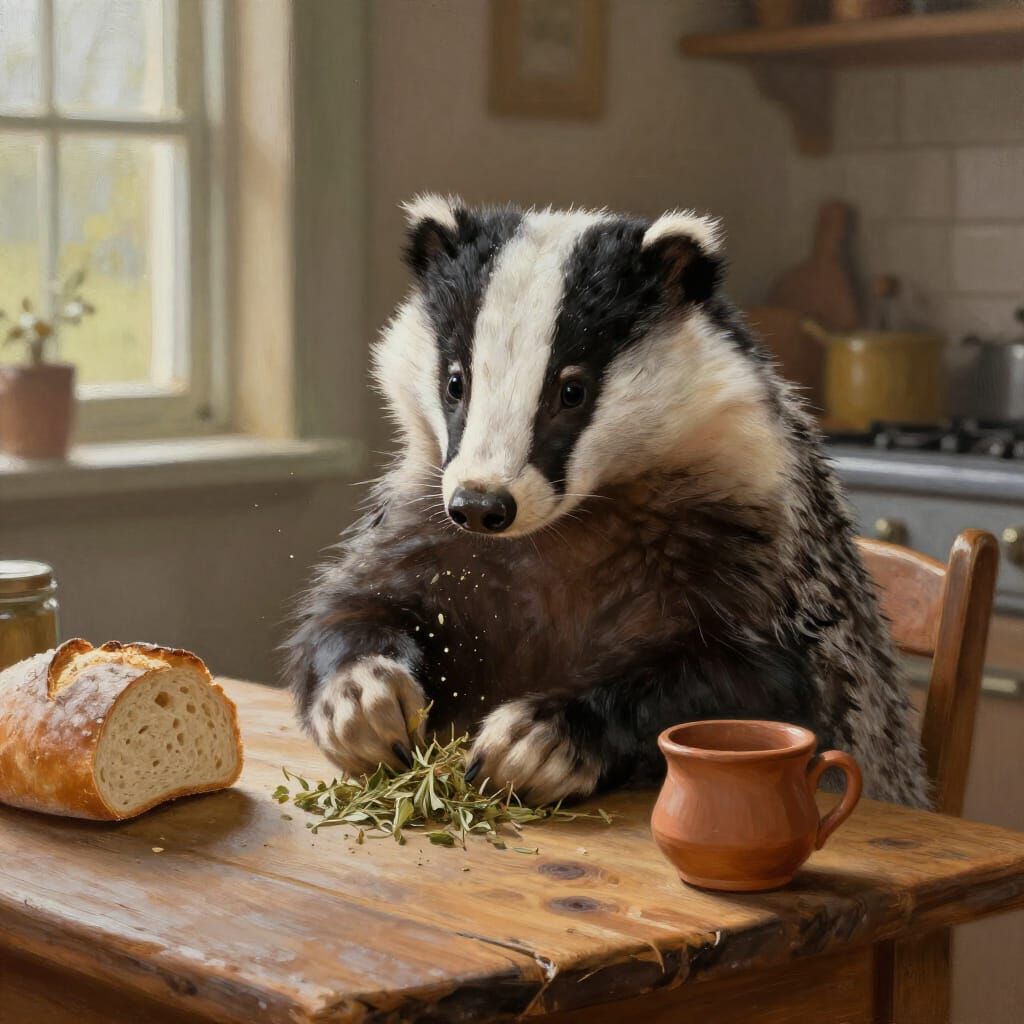 Wise Badger Sorting Herbs in Sunlit Kitchen Oil Painting