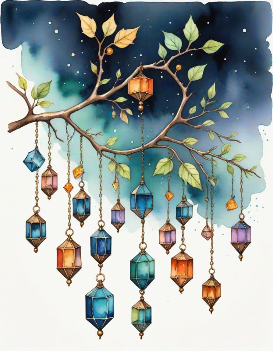 Whimsical Watercolor Crystals and Bells on Branch