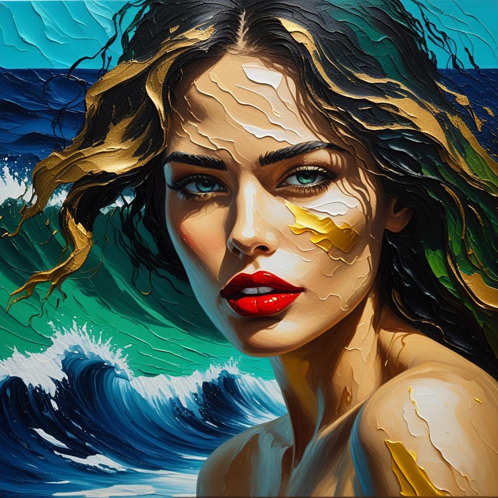 Abstract Female Face with Waves as Impasto Painting