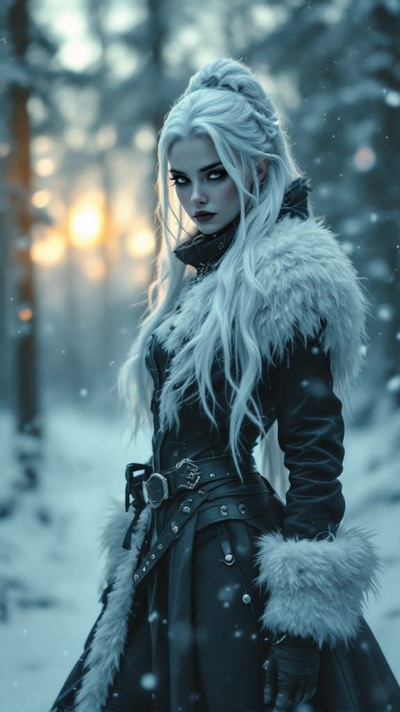 Serene Arctic Muse in Snow-Laden Forest with Golden Glow