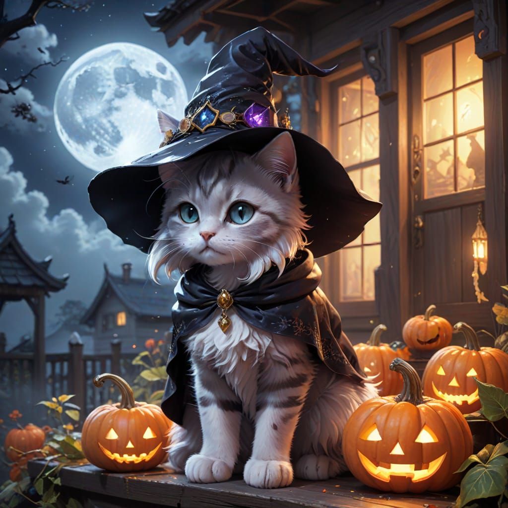 Anime Witch Kitten on Foggy Porch with Pumpkins