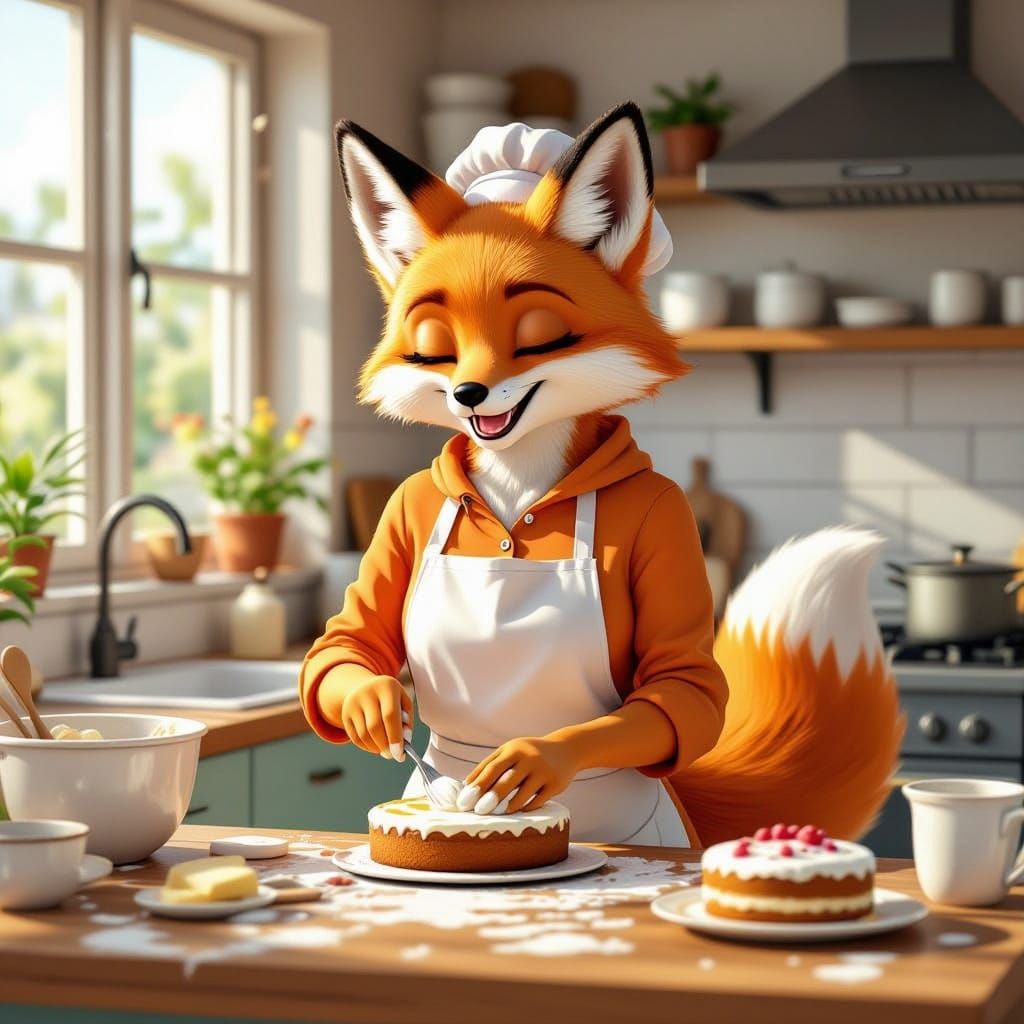 Fox Mom Baking Cakes in Vibrant Graffiti Art Style