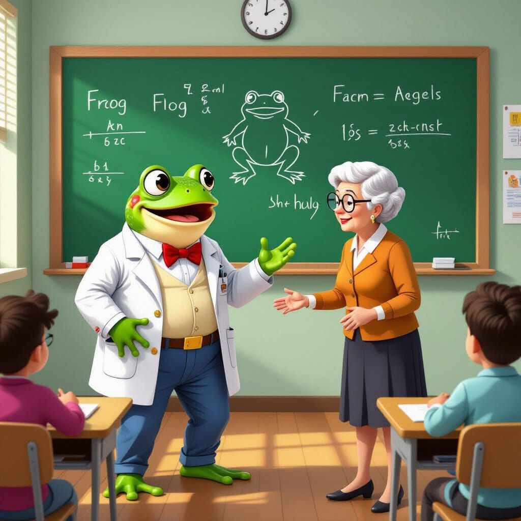 Frog Fencer in Classroom, Comic Book Illustration