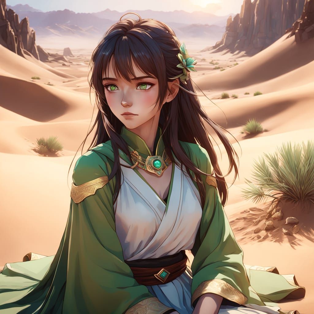 Semi-Realistic Anime Goddess in Serene Desert Landscape