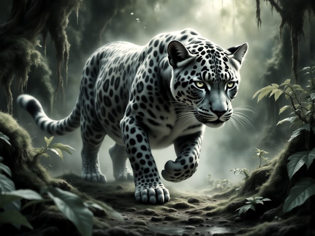 Mystical Jaguar in Moonlit Jungle Landscape