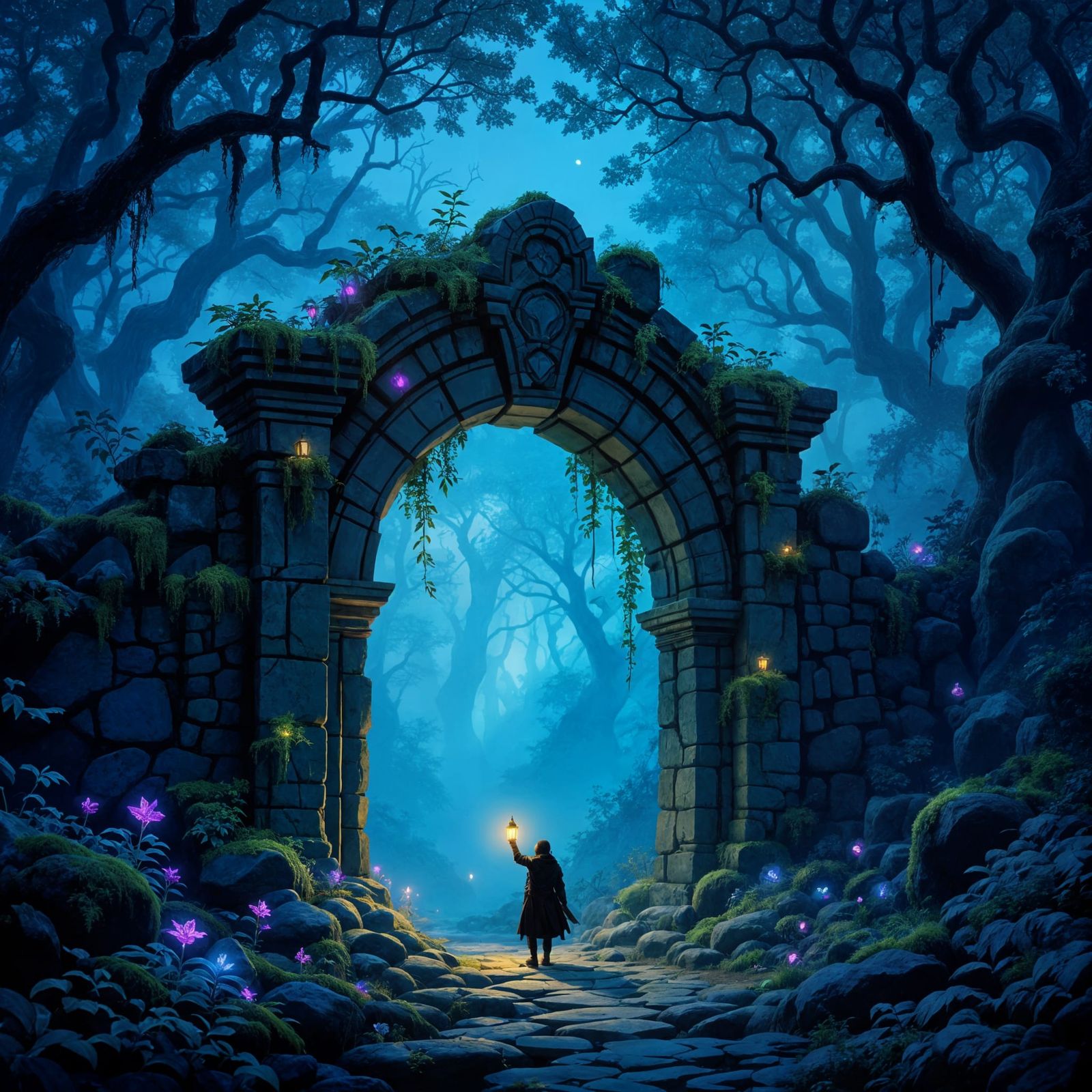 Enchanted Forest Archway at Twilight with Glowing Flora