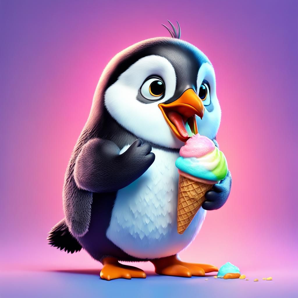Cute Penguin Licking Ice Cream: 3D Digital Art