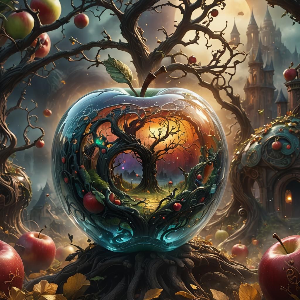 Chaotic World Inside Transparent Apple: Fantasy Concept Art
