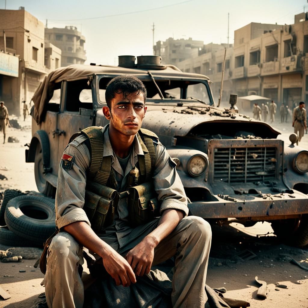 Arab Soldier in Egyptian Street: Cinematic Film Still