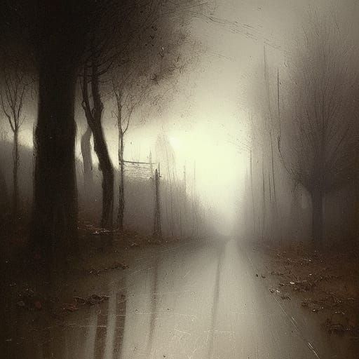Eerie Rainy Road in Gothic Horror Style