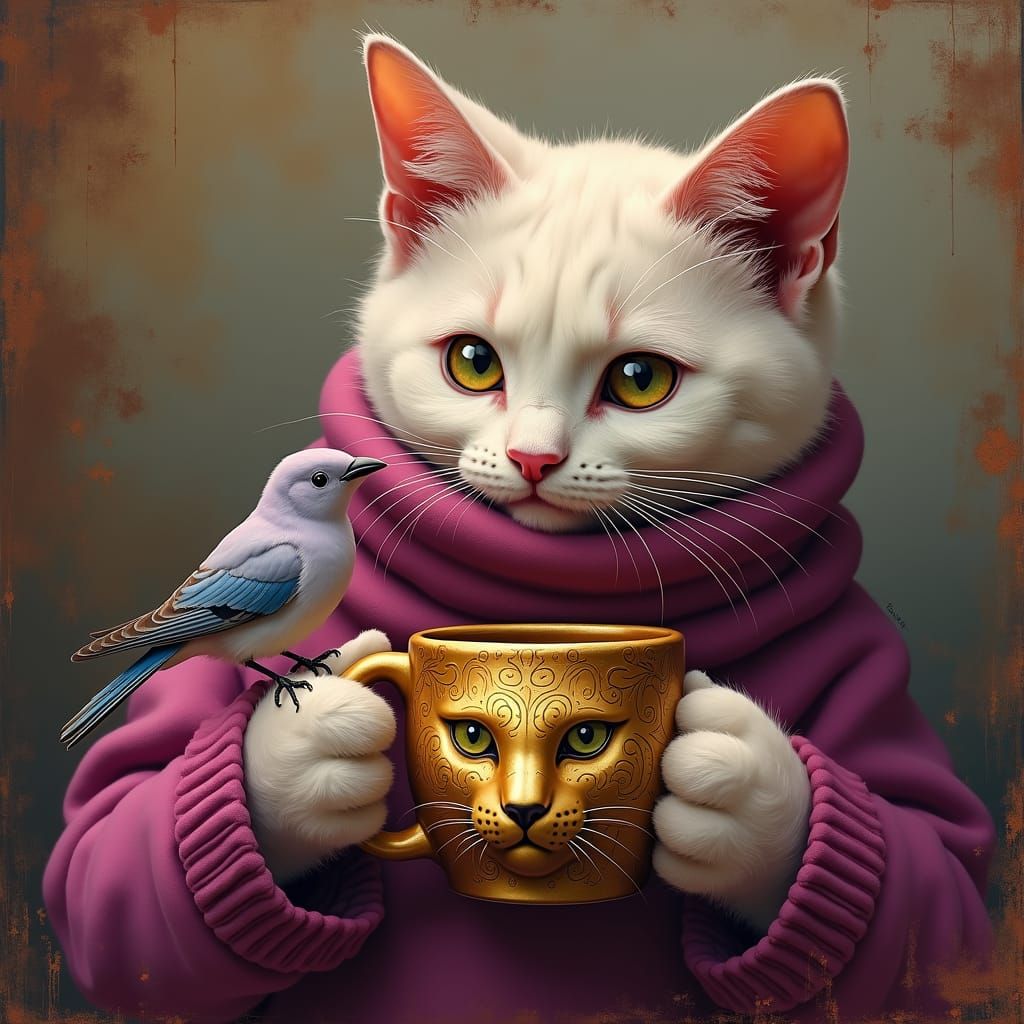 Cat in Turtleneck Holding Golden Mug