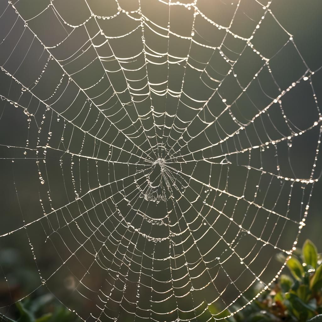 Glistening Spiderweb Dewdrops in Cinematic Light
