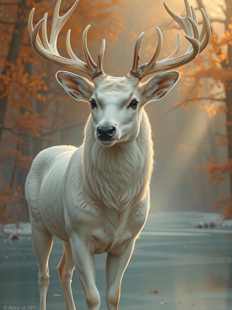 Albino Buck on Frozen Pond in Autumn Light