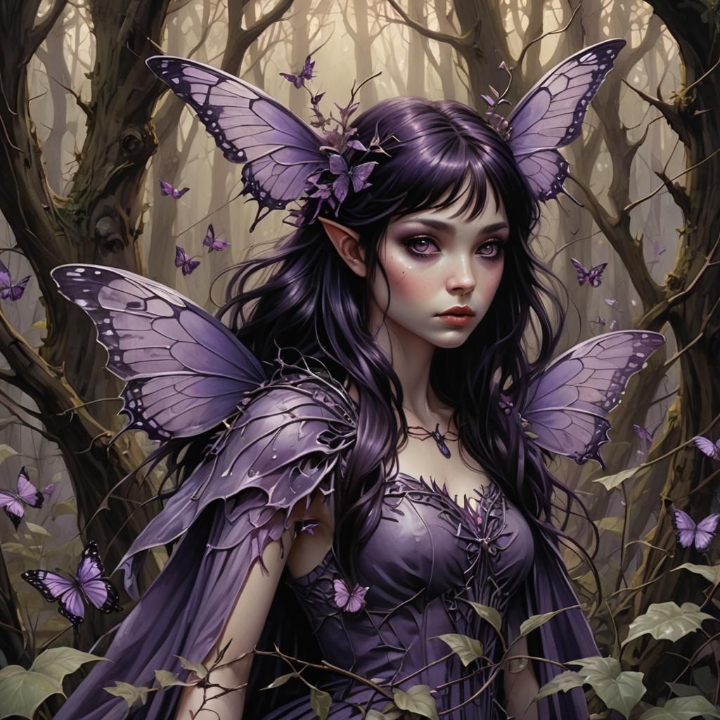 Butterfly Girl in Thorny Forest: Dark Fantasy Art