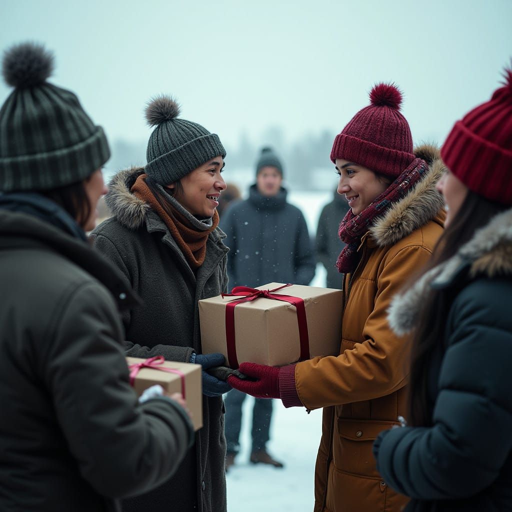 Native and allies exchanging Christmas presents at a community gathering