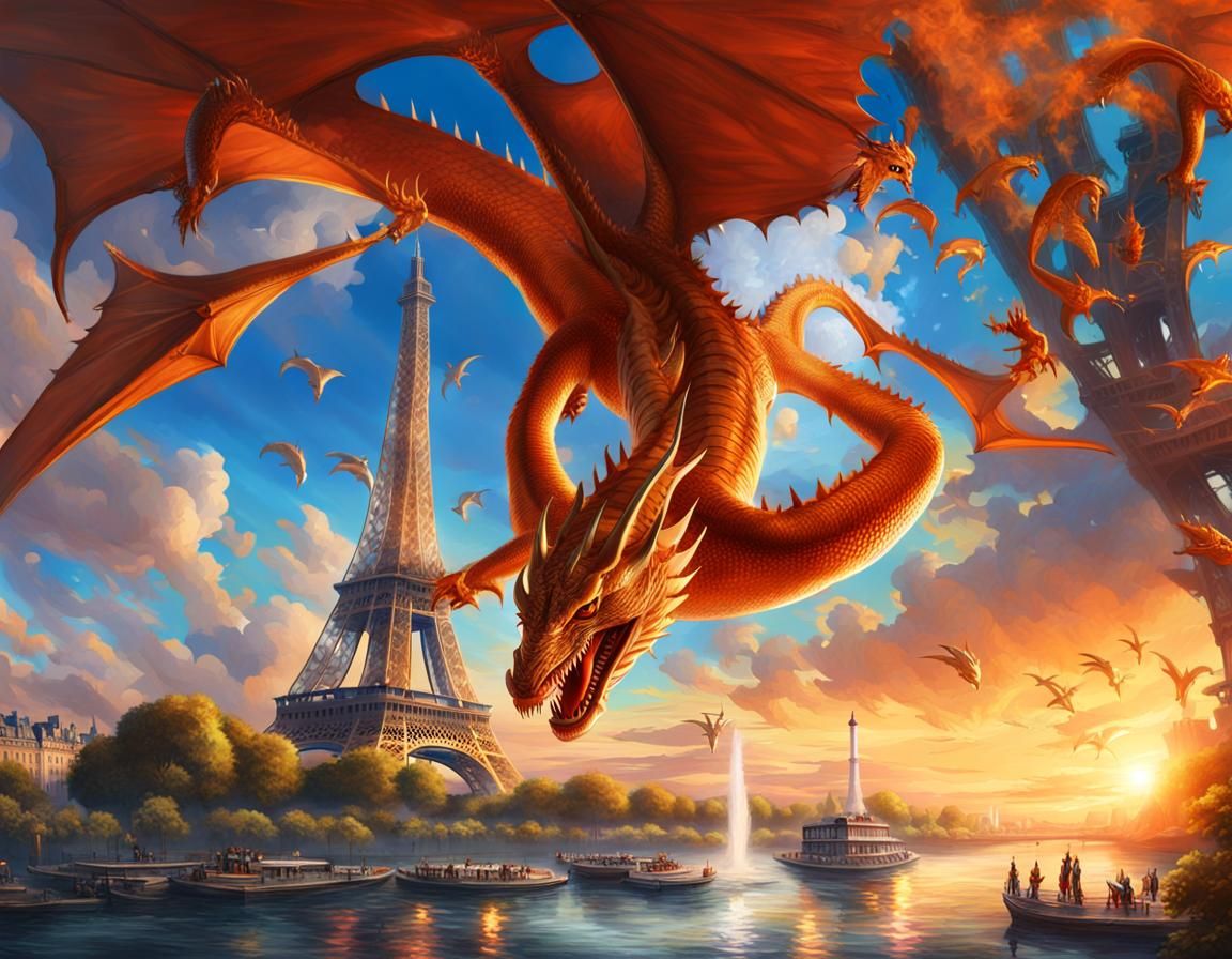 Dragon Soaring Around Eiffel Tower at Sunset