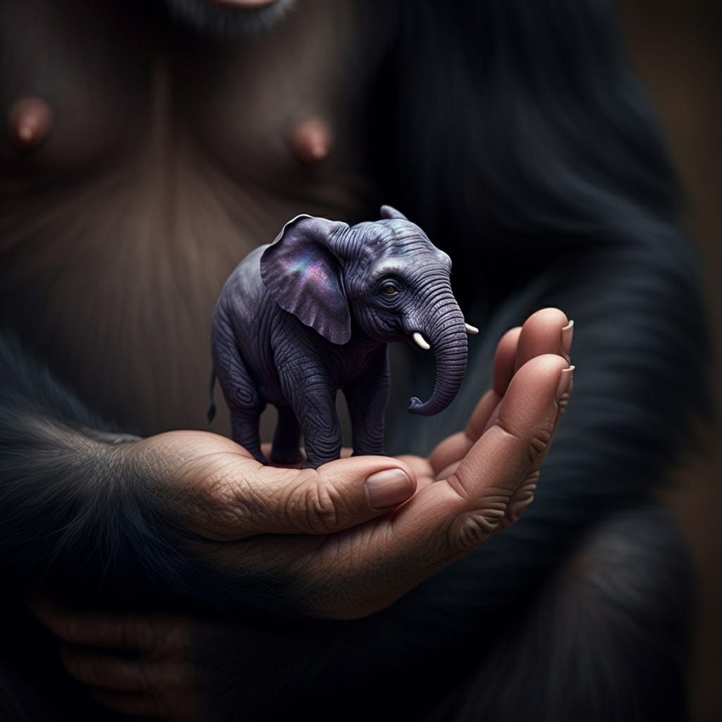 Whimsical Dark Purple Elephant Cradled in a Chimpanzee's Han...