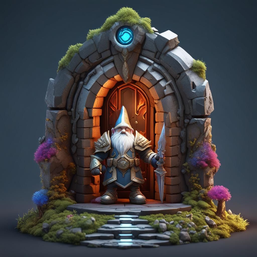 Armored Gnome Guarding Portal, Isometric Game Art