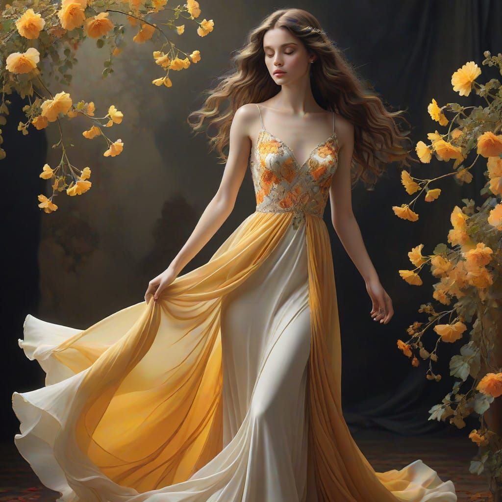 Ethereal Woman in Vibrant Gown with Whimsical Floral Element...