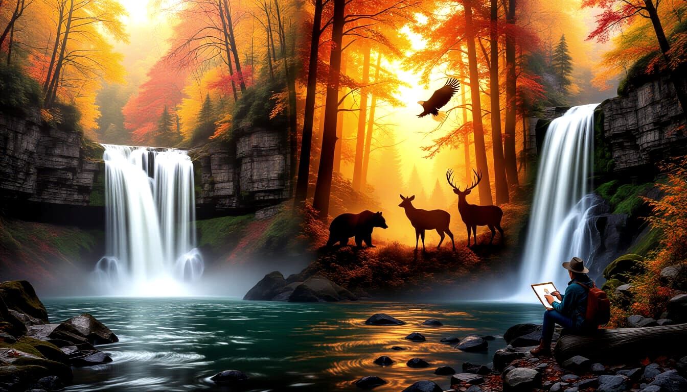 Majestic Autumn Waterfall in Glowing Forest with Animal Silh...