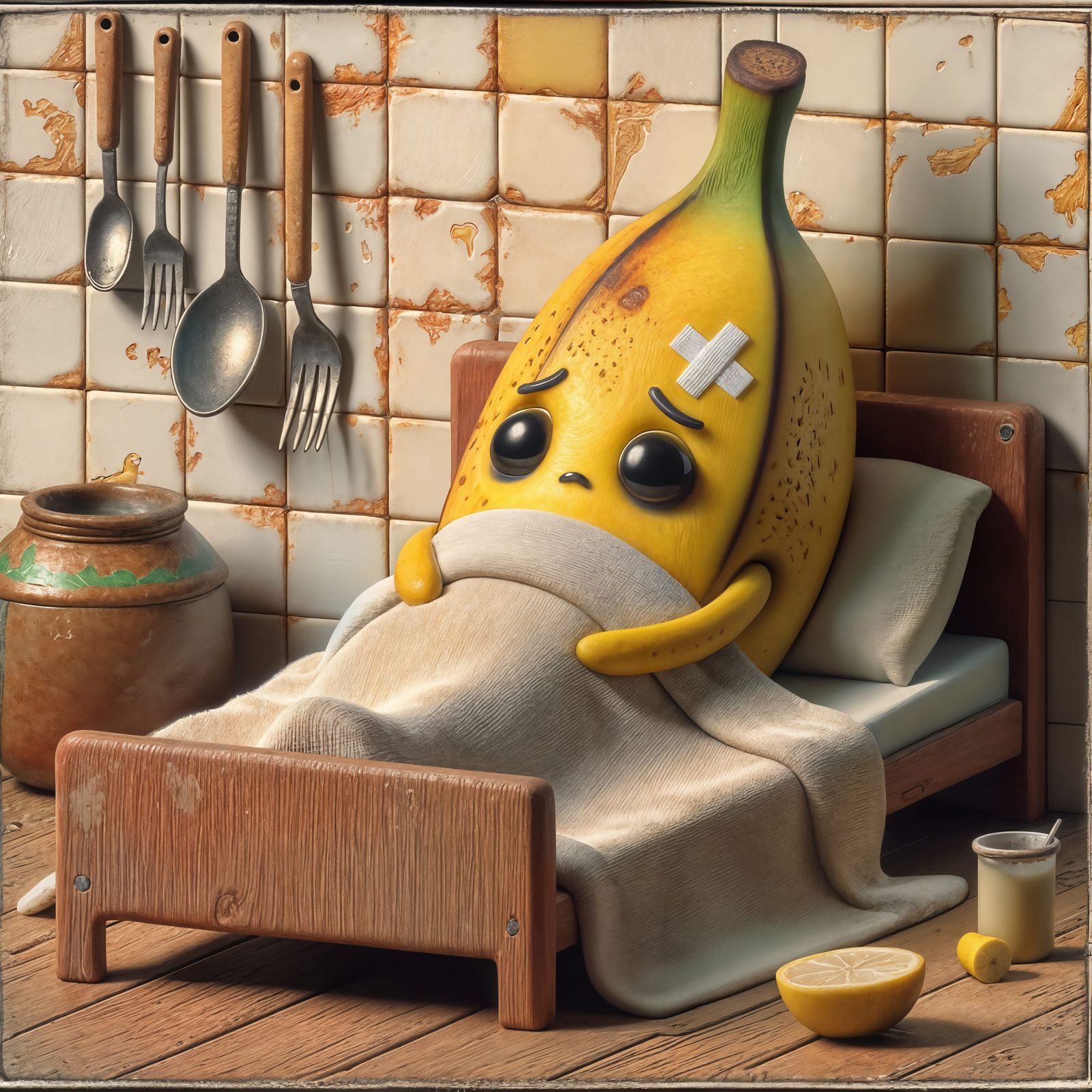 Sick, Sad Banana Rests in Kitchen Bed, Expressing Distress a...