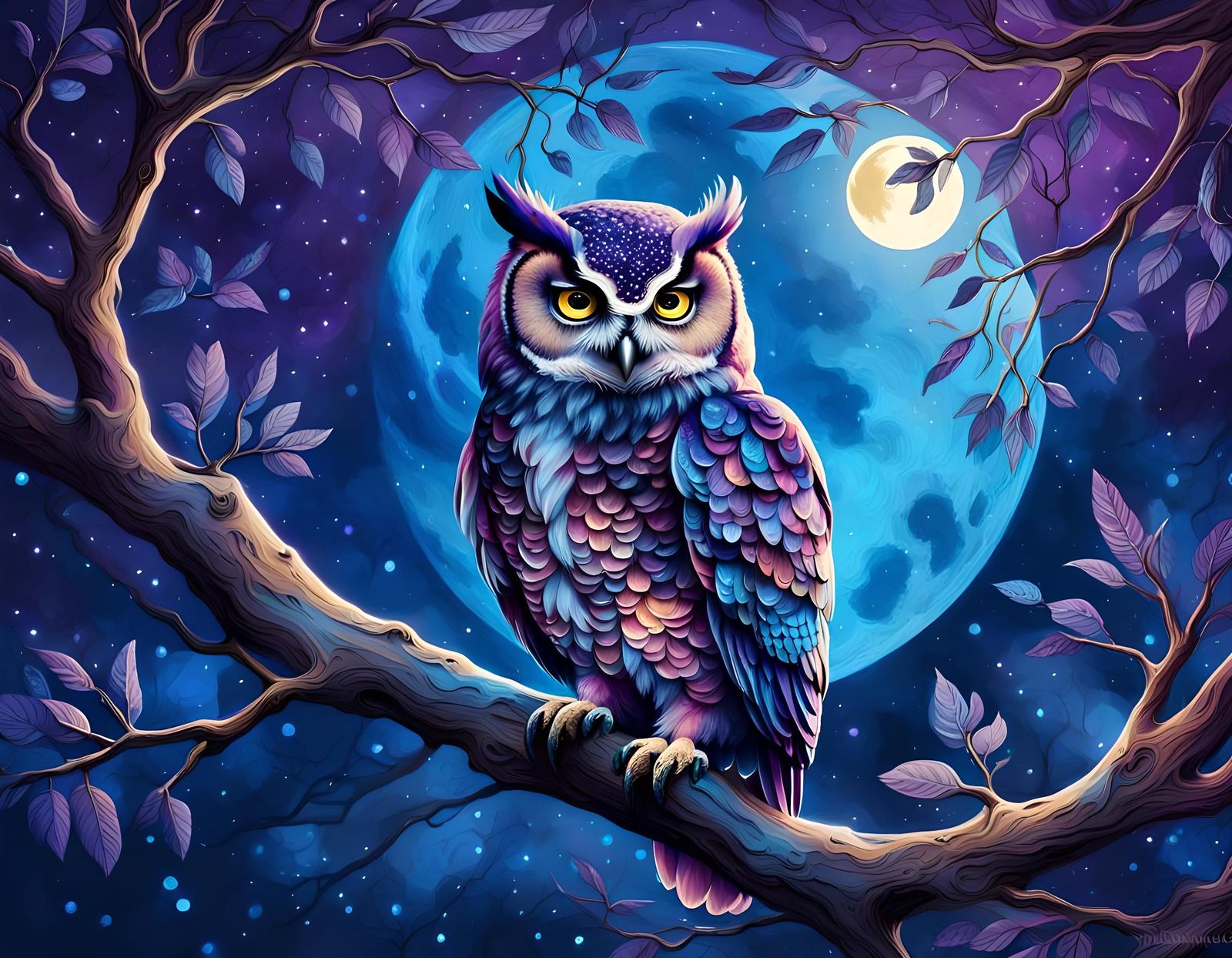 Owl on Branch Under Moon, Fantasy Art