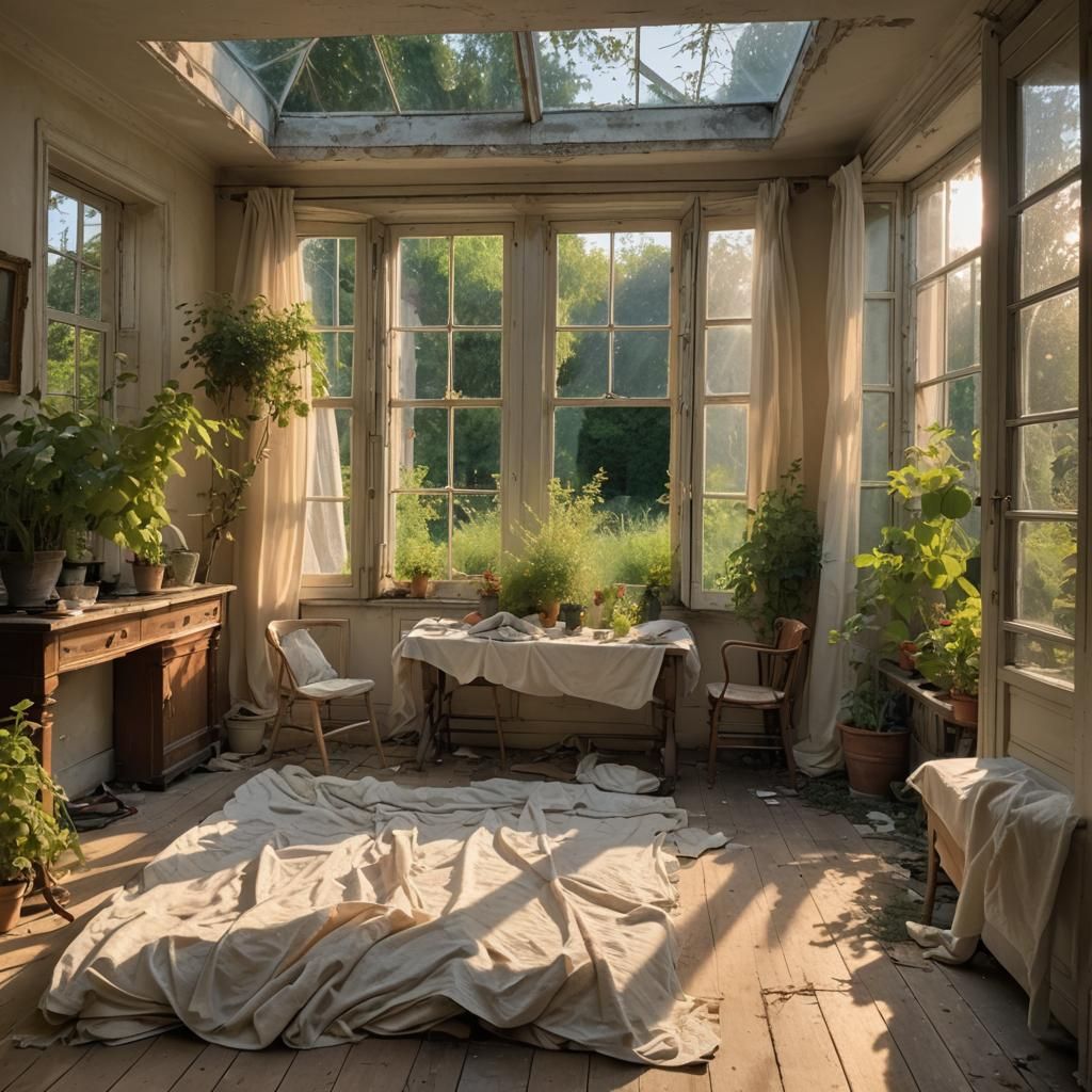Dust Sheets Cover Abandoned Room in Evening Light
