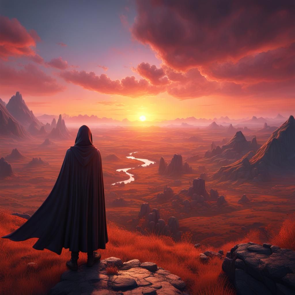 Sunset Landscape with Cloaked Figure in Matte Painting Style