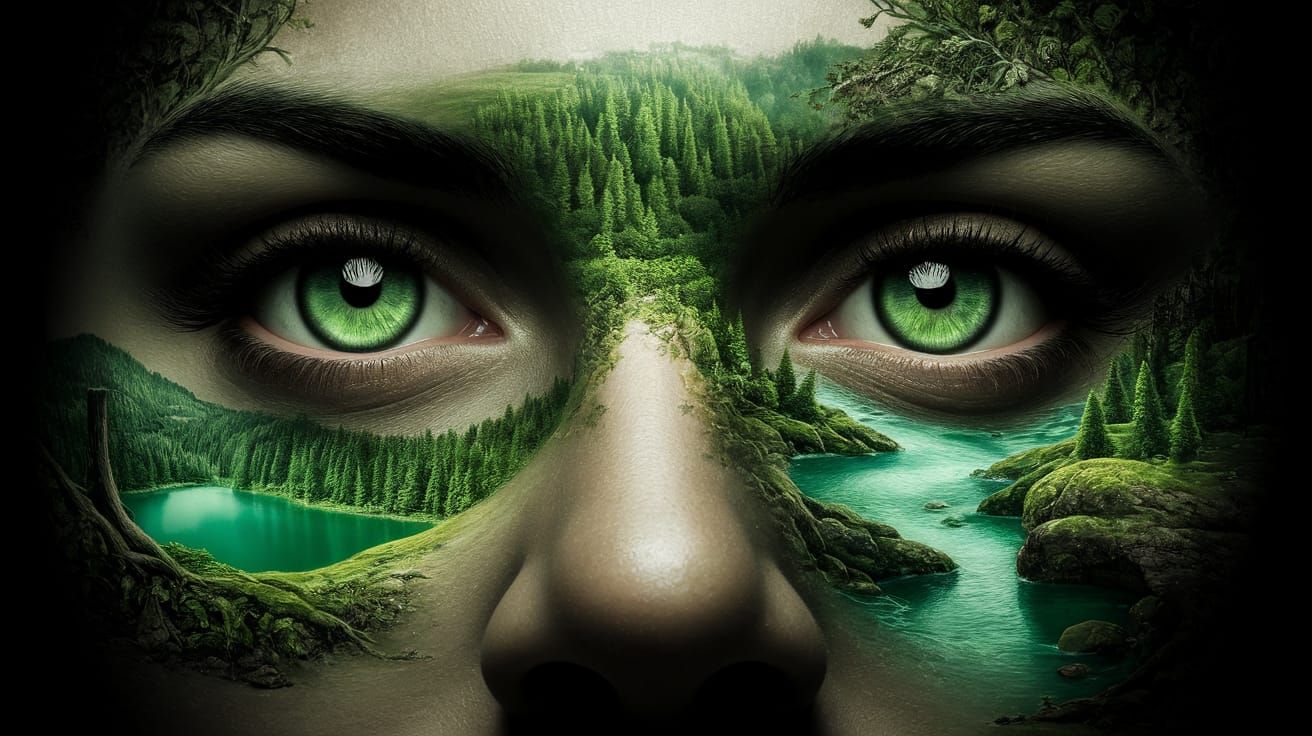 Realistic Green Eyes Reflecting a Serene Forest Landscape