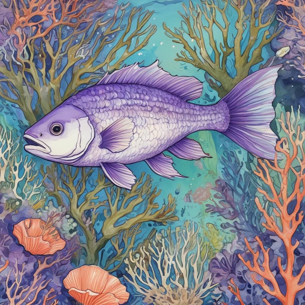 Bolt Fish Swimming Through Coral Reef as Color Sketch