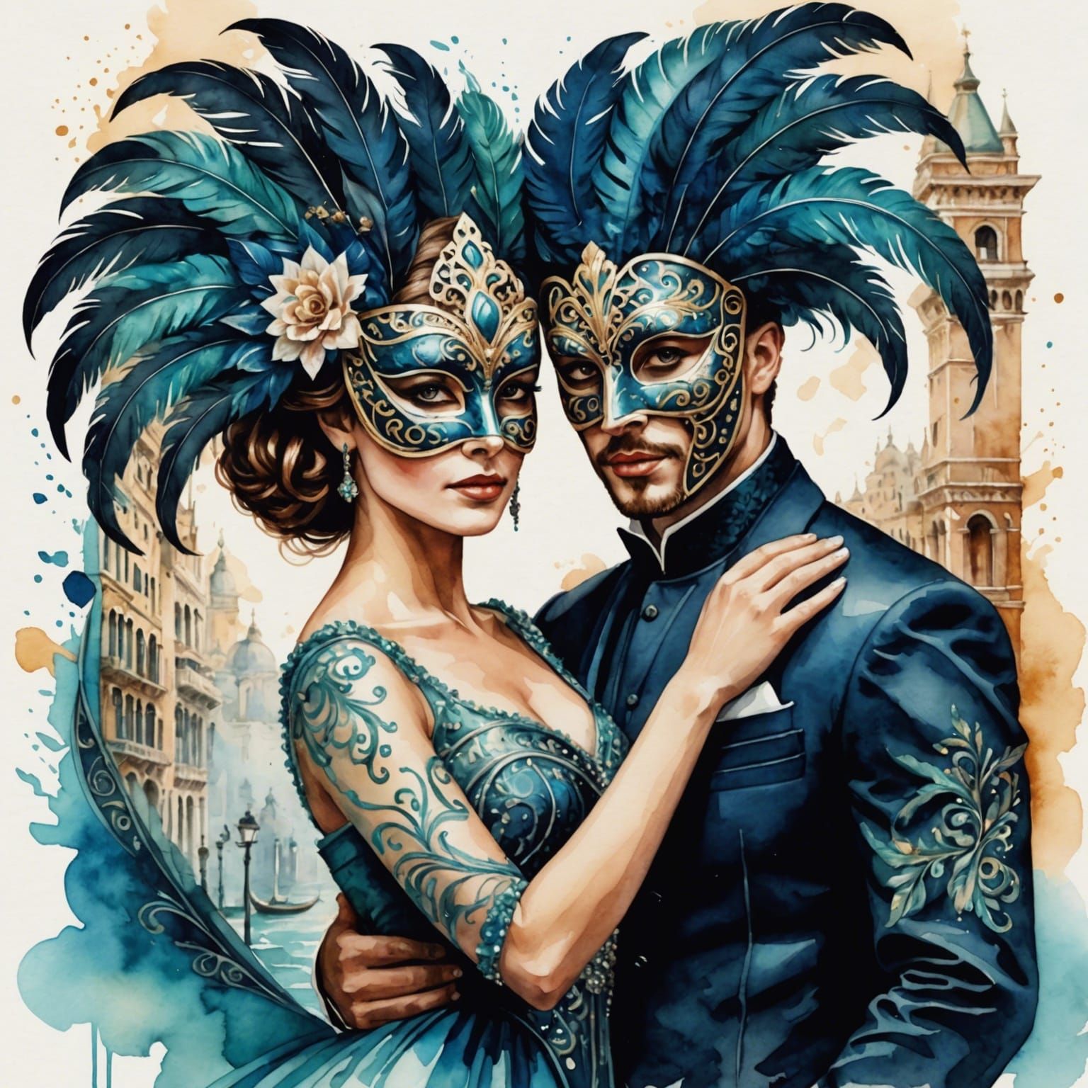 Venetian Masked Ball Watercolor Illustration