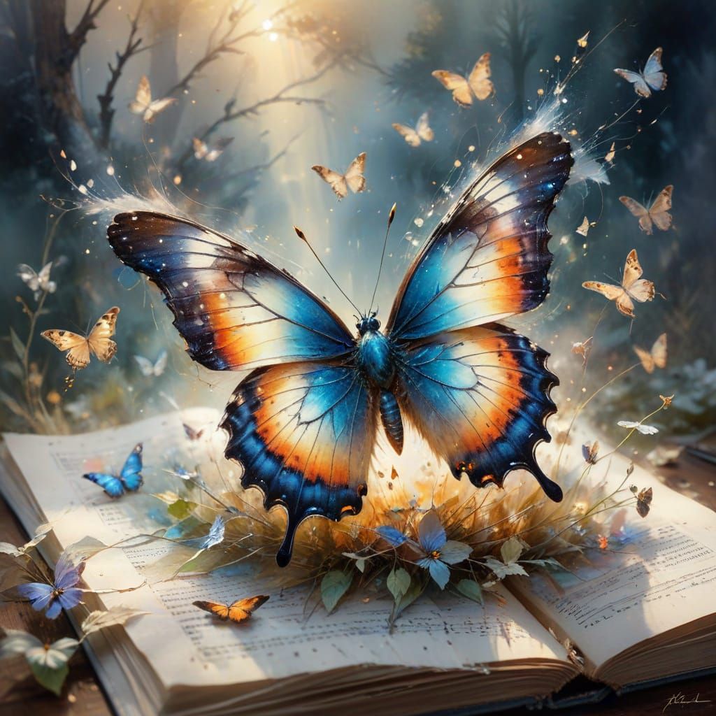 Ethereal Watercolor Butterfly on Musical Sheet