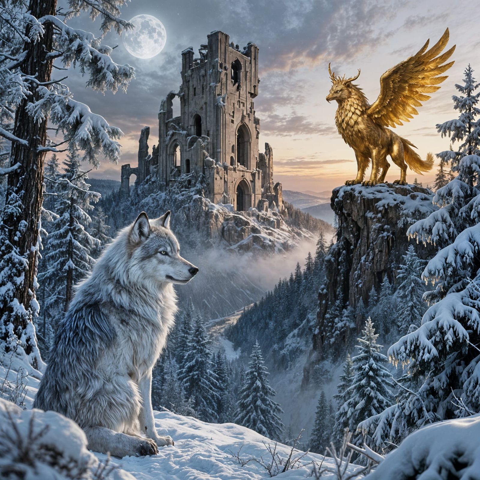 Majestic Snow Wolf and Griffin in Fantasy Forest