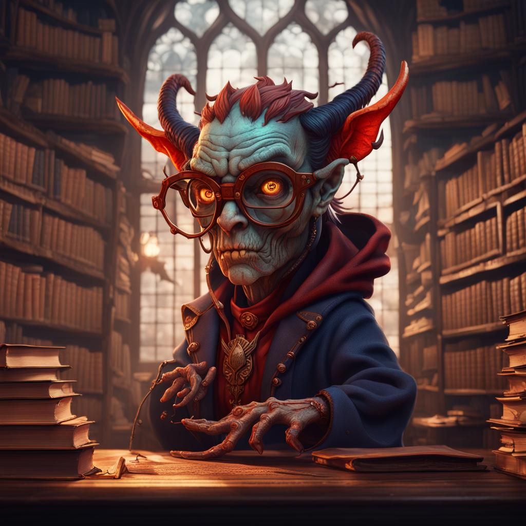 Skimpy Demon Librarian in Detailed Matte Painting Style