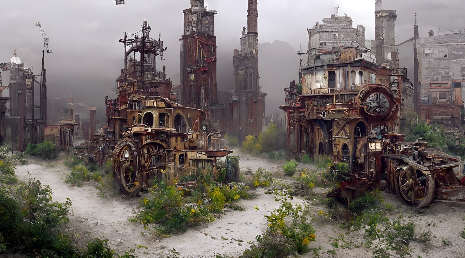 Post-Apocalyptic Steampunk City with Overgrown Nature