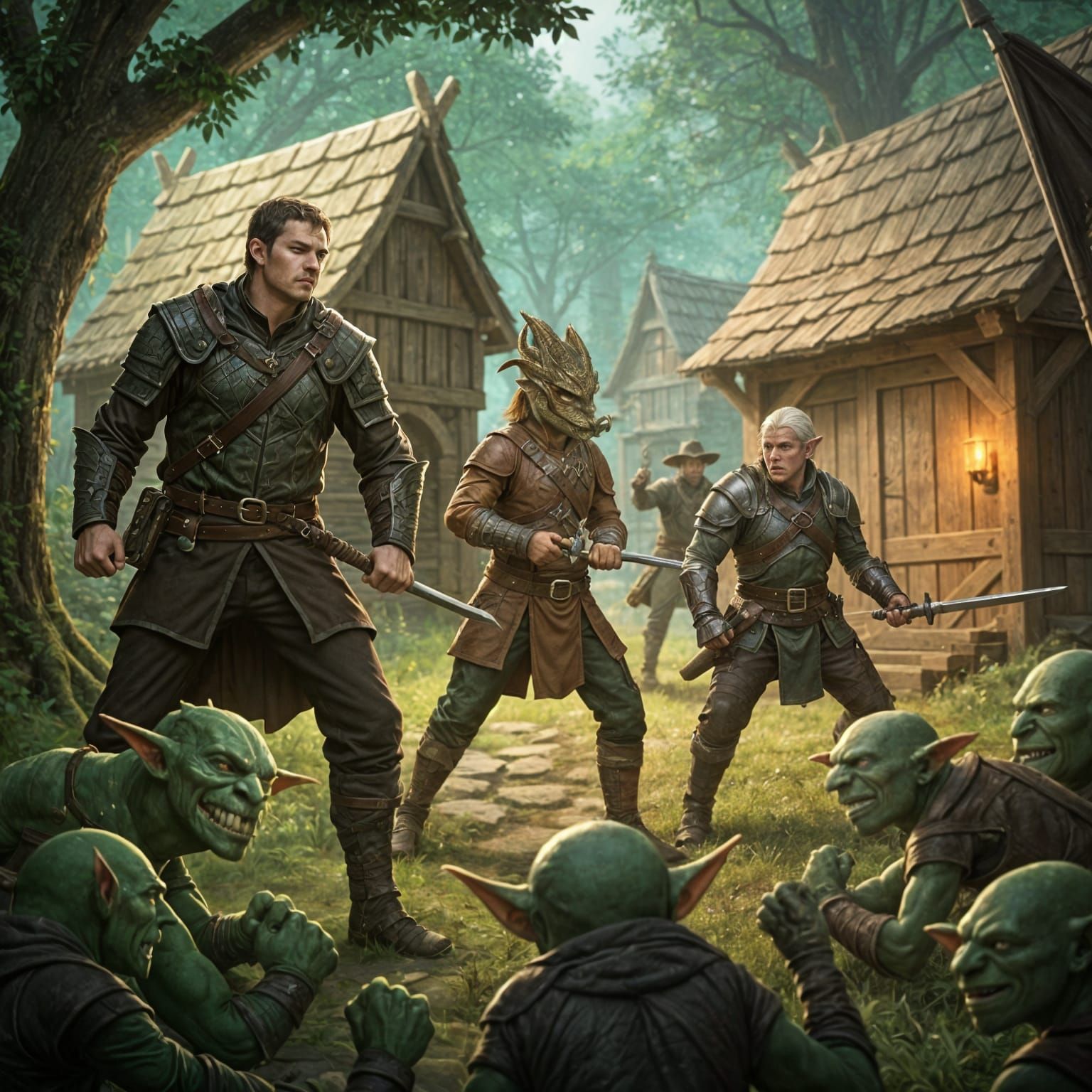 Fantasy Heroes Battle Goblins in Forest Village