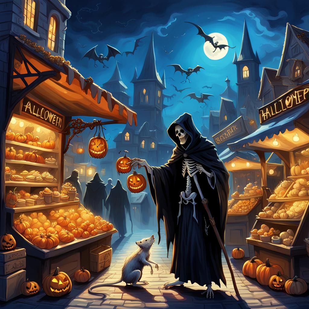 Grim Reaper and Rat Preparing for Halloween