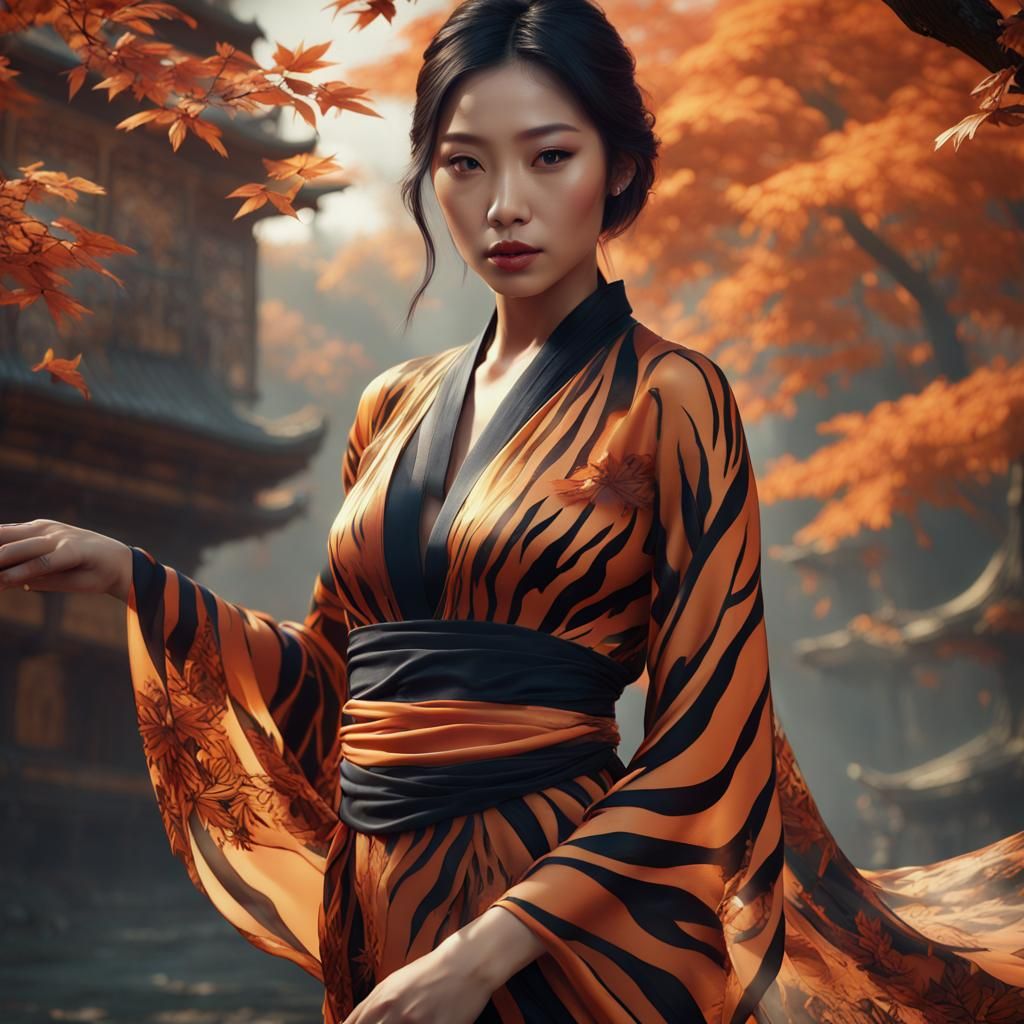 Asian Woman in Flowing Tiger Robe
