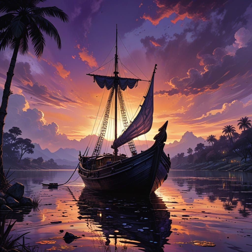 Alcohol ink painting of a boat on the lake, black white purple sunset, black on purple...