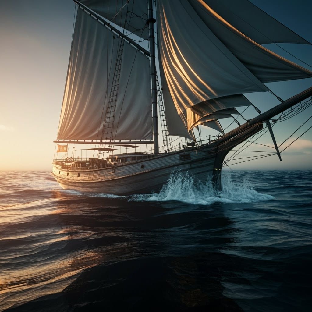 Majestic Sailboat, Cyberpunk-Inspired Fantasy