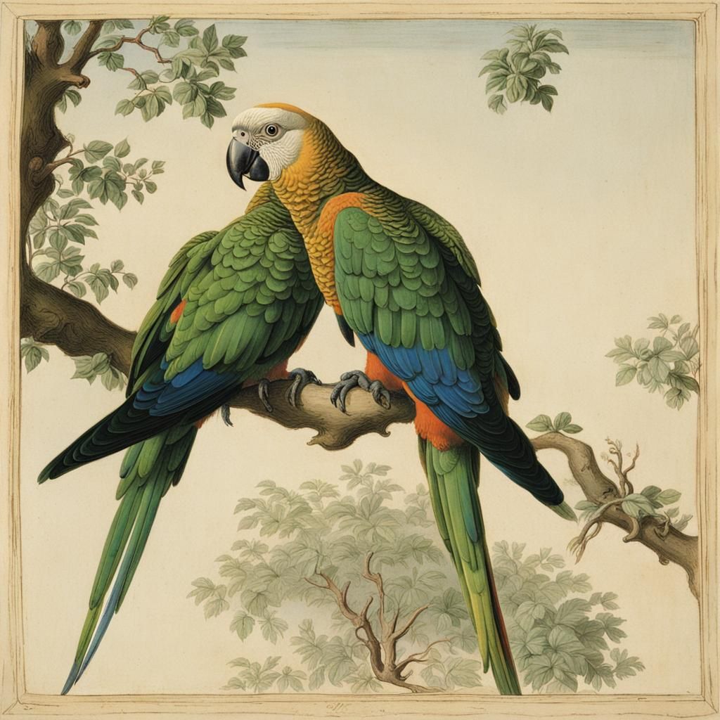 Parrots in Tree, Classical Painting Style
